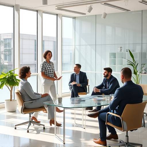 Group of people discussing marketing strategies in a modern office setting