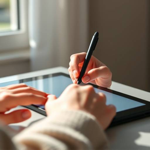 Hands working on a digital tablet