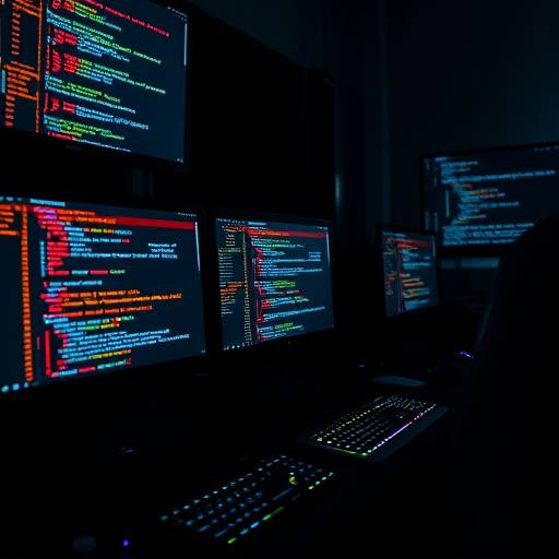 Multiple computer screens with code displayed, indicating software development